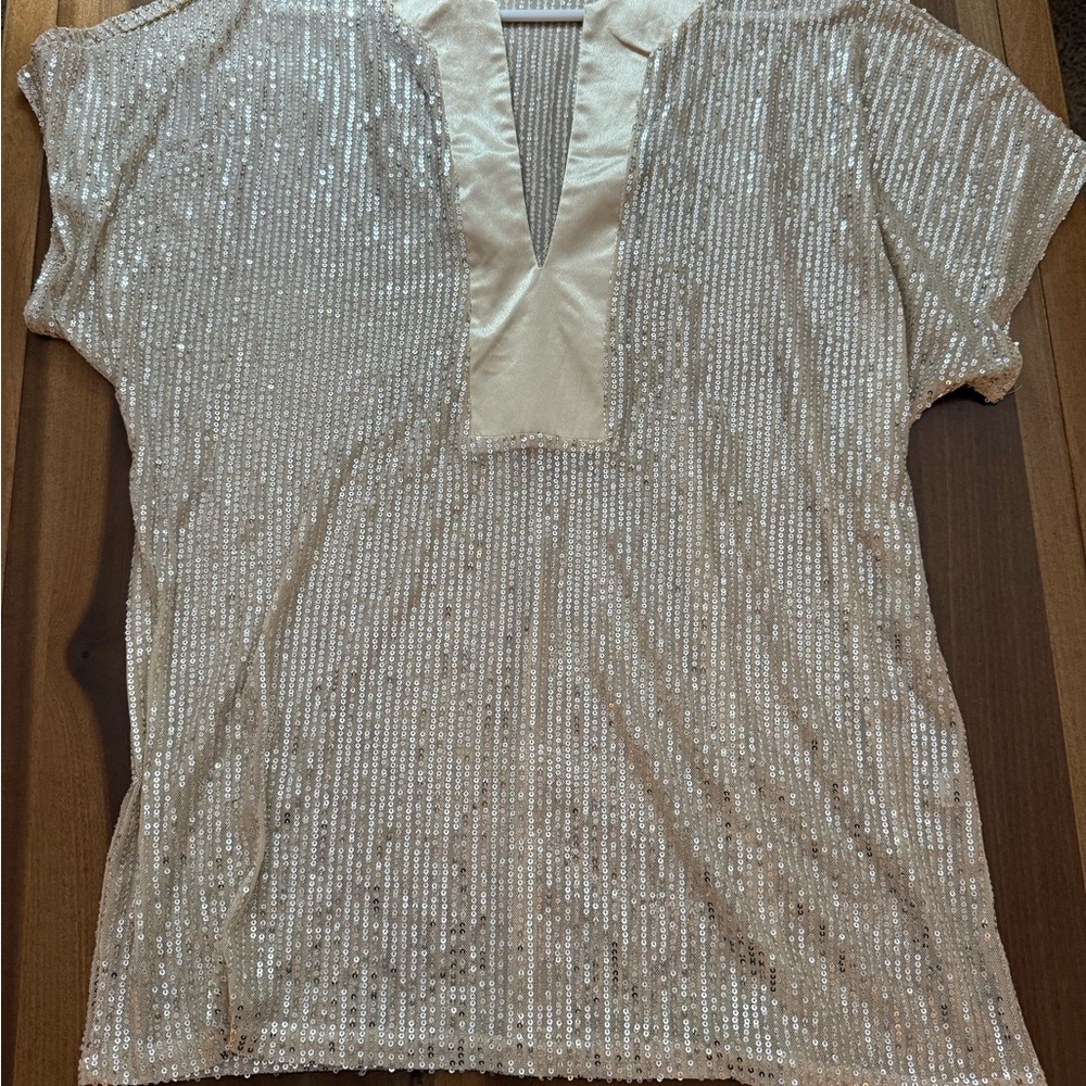 Gold Sequin Short Sleeve Blouse NWOT